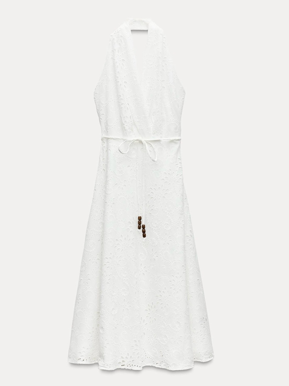 Zara | White Eyelet Halter Maxi Dress with Tie Waist